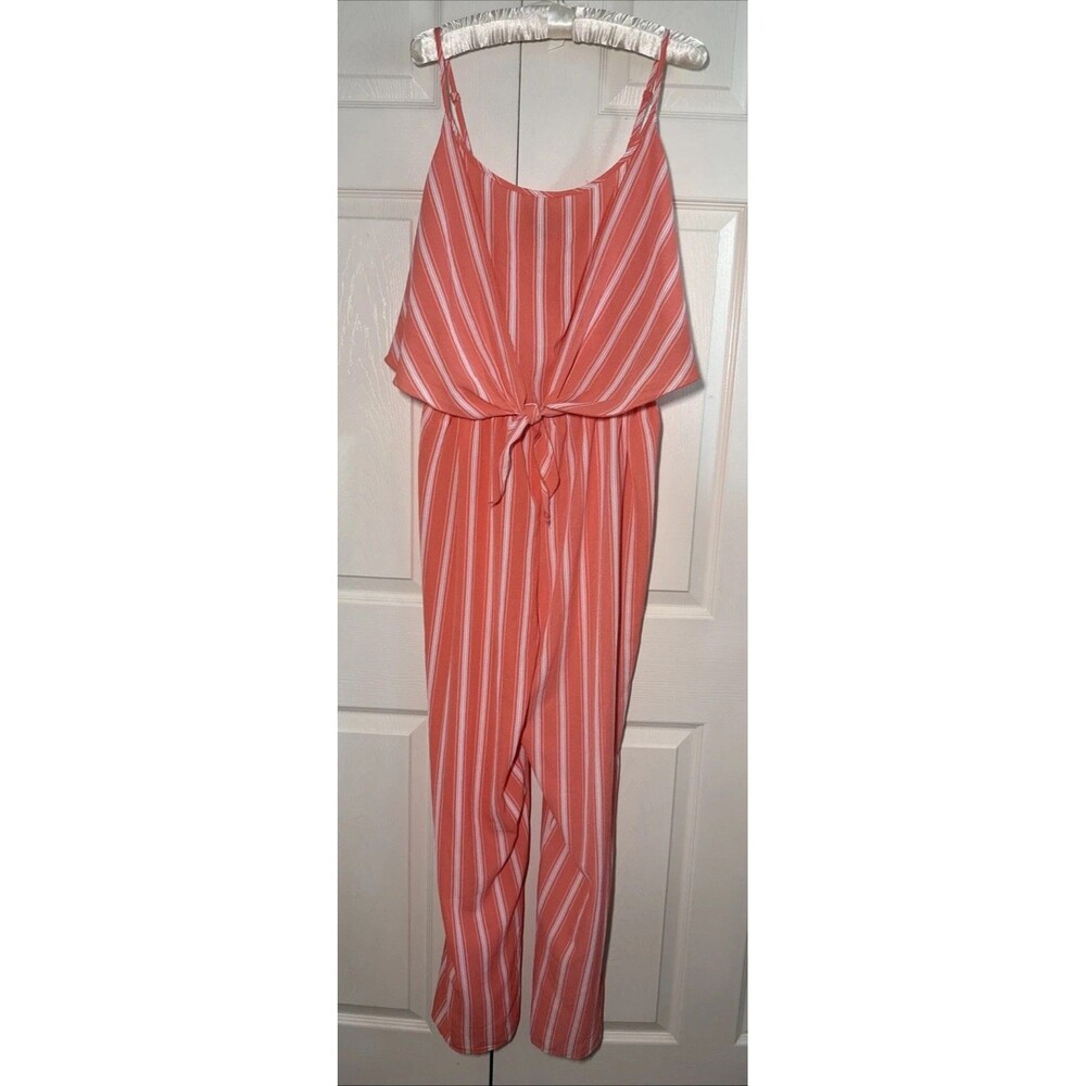 RUE+ Sz 3X Orange White Striped Lightweight Tie Front Jumpsuit Packable